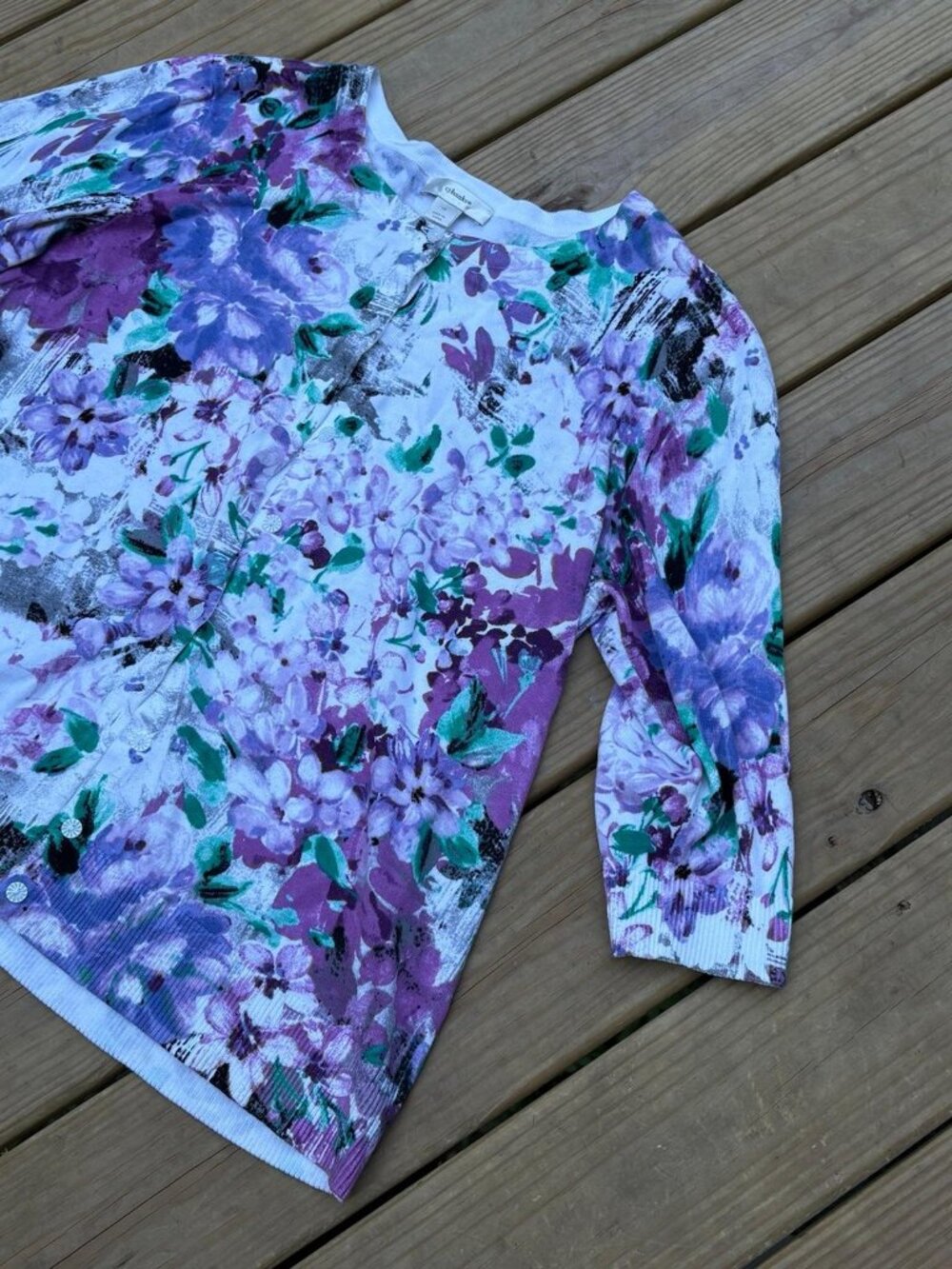 CJ Banks Women’s 1X Floral Button Front Cardigan Purple Green Plus Size - Picture 6 of 8